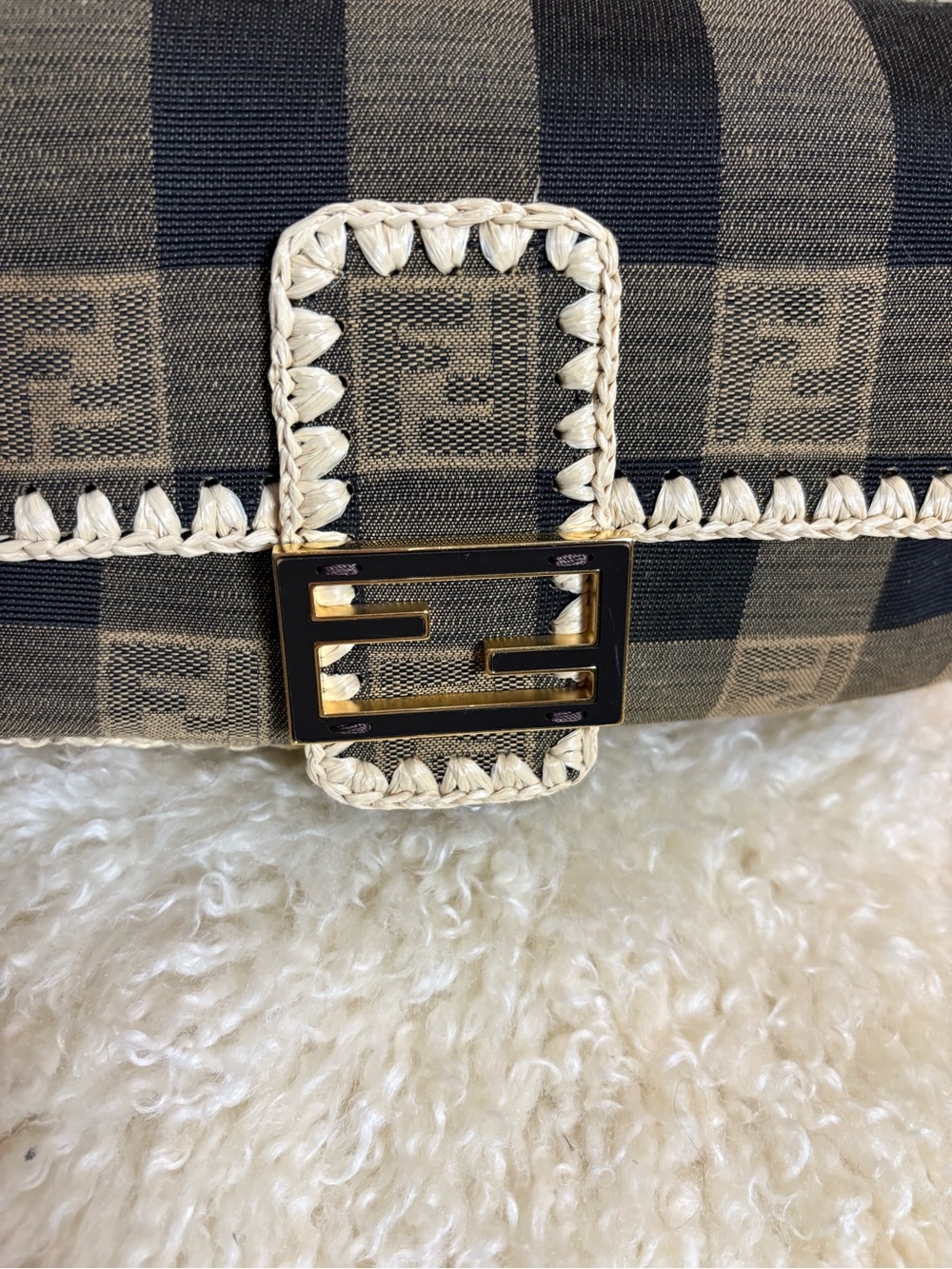 FENDI Fabric Jacquard Raffia Straw Pequin Gingham Woven Baguette Beige Black - Picture 8 of 16